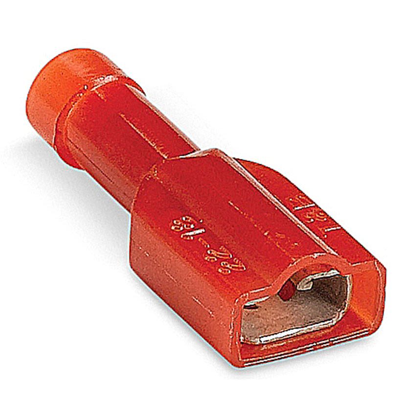 Sta-Kon 18RA-2577 250 Female Disconnect, 22 to 18 AWG Conductor, 0.25 in W x 0.032 in THK Tab, Brazed Seam Barrel, Brass, Red, Insulated